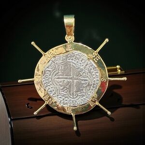 Atocha Silver Large size Coin Pendant in 10k Real solid Gold ship’s wheel bezel